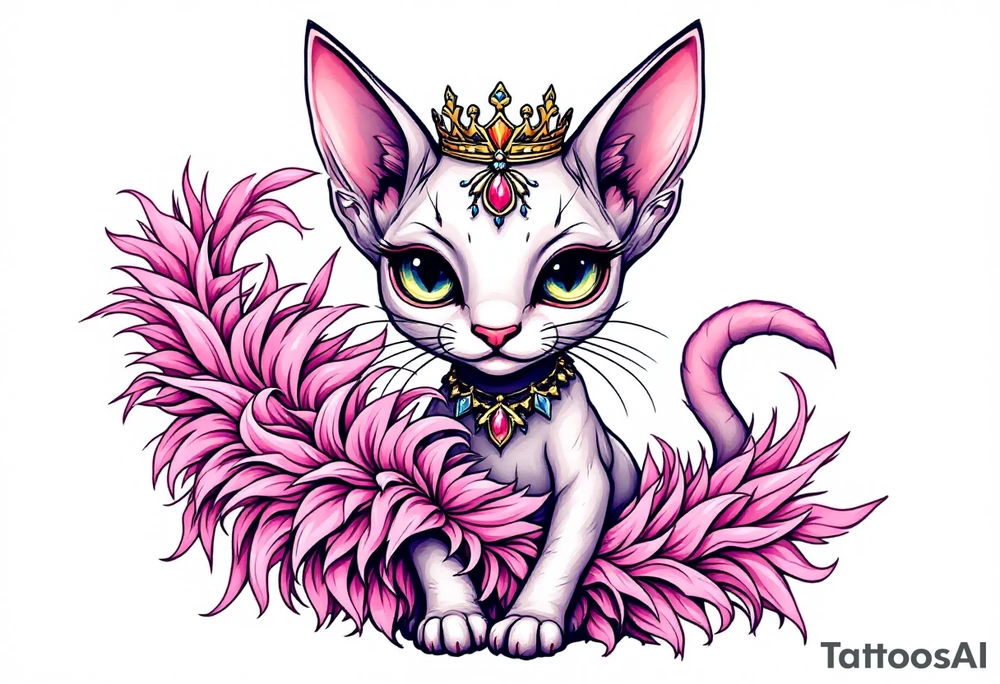 Chibi new school Glamorous sphinx cat holding 
pink feather boa and wearing a crown tattoo idea