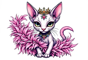 Chibi new school Glamorous sphinx cat holding 
pink feather boa and wearing a crown tattoo idea