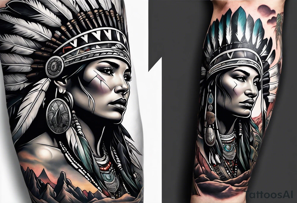Sleeve with a female Indian chief, Atlas the titan, mountains, and Texas tattoo idea