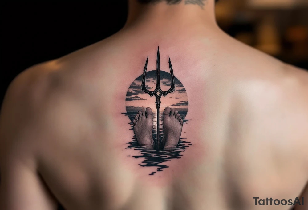 barefeet behind trident with water and sunset tattoo idea
