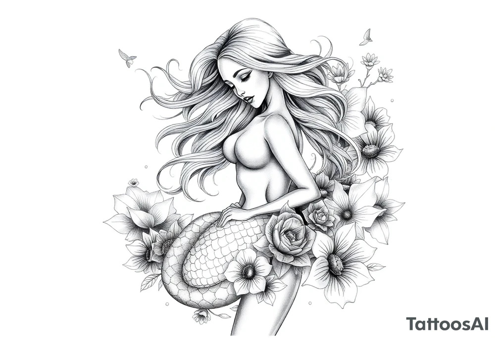 ethereal mermaid with flowing hair among coral and sea flowers tattoo idea