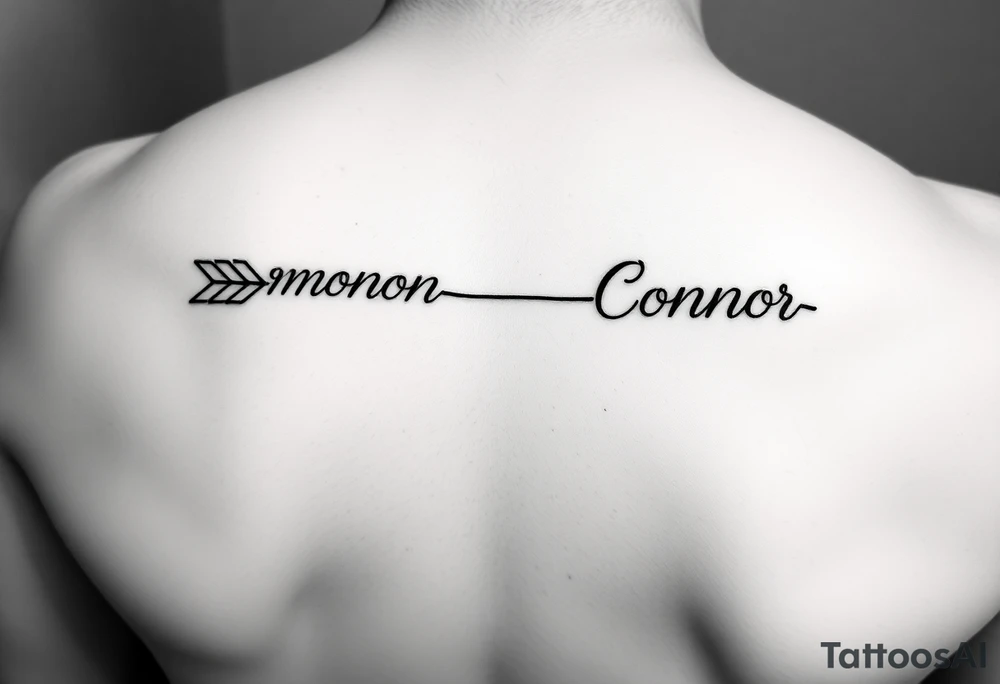 1 fine line  feminine arrow that incorporates the name Cameron and another fine line feminine arrow that incorporates the name Connor tattoo idea