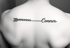 1 fine line  feminine arrow that incorporates the name Cameron and another fine line feminine arrow that incorporates the name Connor tattoo idea