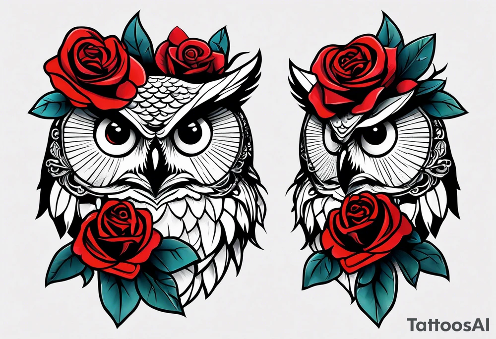 Color owl. 
Three red roses 
On the forearm tattoo idea