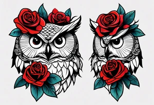 Color owl. 
Three red roses 
On the forearm tattoo idea
