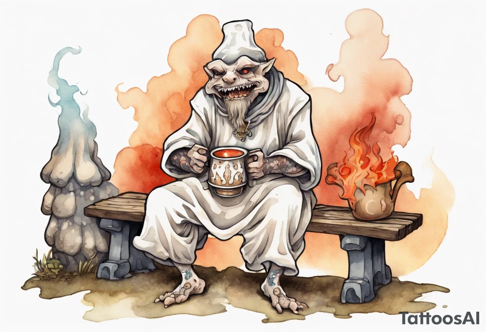 a mushroom-creature wearing a  medieval tunic sitting on a bench by a fireplace drinking from a wood cup, laughing tattoo idea