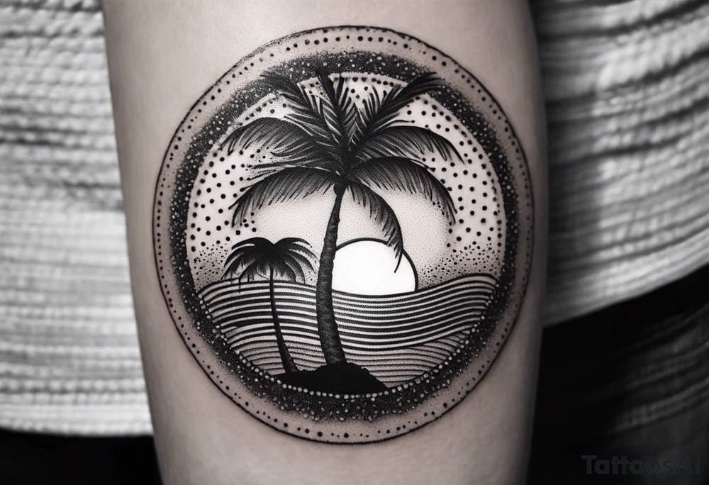 palm tree front of a sun and waves tattoo idea