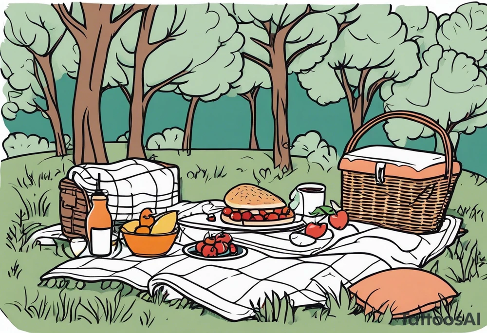 Very fine-lined minimalstic picnic scene in nature. A blanket on the ground with one picnic-basket with lid, one backpack, pillows and party tennants in the trees. tattoo idea