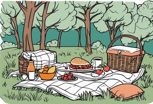 Very fine-lined minimalstic picnic scene in nature. A blanket on the ground with one picnic-basket with lid, one backpack, pillows and party tennants in the trees. tattoo idea