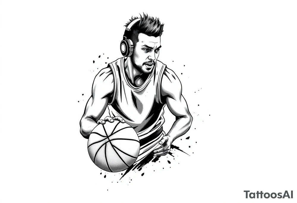 A guy dribbling a basketball with headphones on tattoo idea