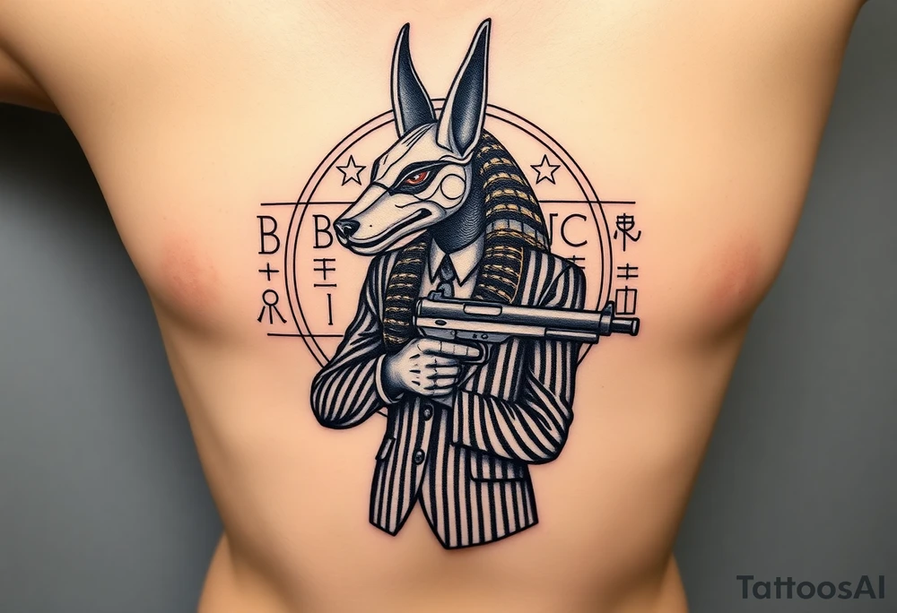 "Anubis in a 1920s gangster pinstripe suit, holding a tommy gun. His jackal head is half-cyborg (exposed circuits). Hieroglyph background spells 'BTC TO THE MOON'.  

Style: Art Deco meets cyber-Egyptian. Black/red/gold ink. Forearm sleeve." tattoo idea