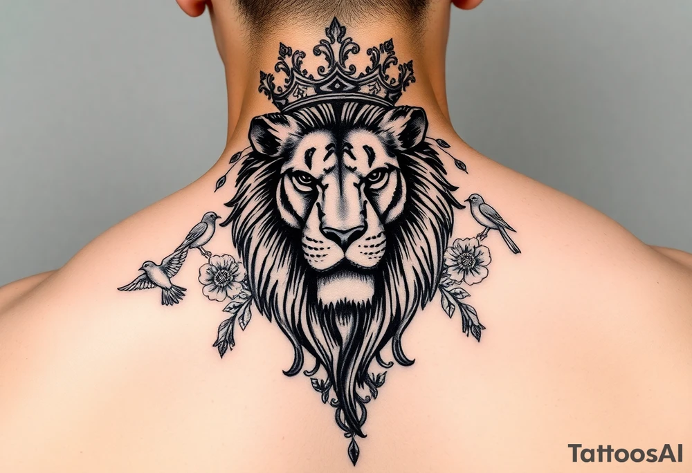 powerful majestic lion with a crown, surrounded by floral ornaments and birds tattoo idea