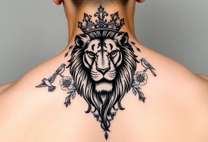 powerful majestic lion with a crown, surrounded by floral ornaments and birds tattoo idea