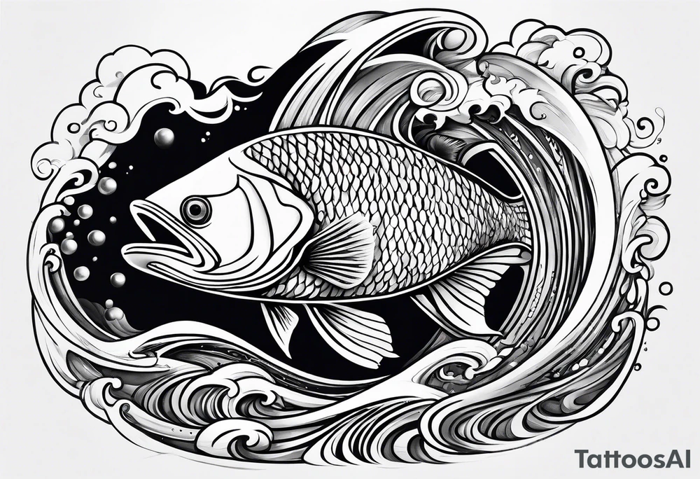 Full sleeve with Blues and blacks, waves fish, struggle, determination tattoo idea