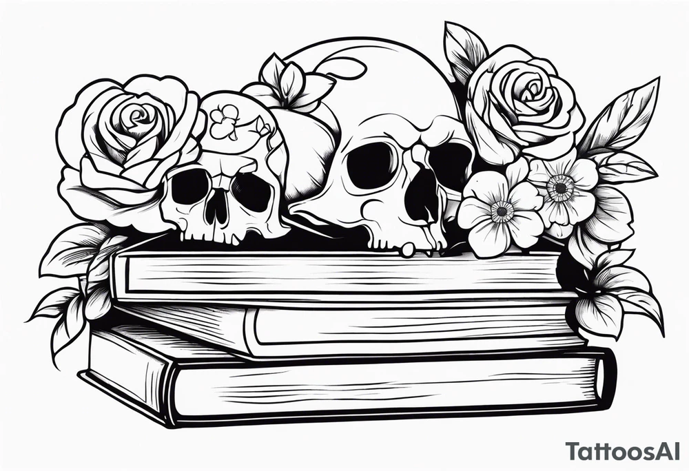 feminine tattoo of stacked books and flowers with a snake and skull tattoo idea