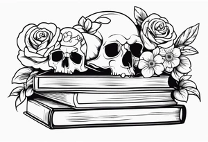 feminine tattoo of stacked books and flowers with a snake and skull tattoo idea