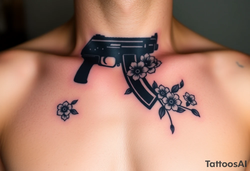 ak 47 black silhouette with floreal details tattoo idea