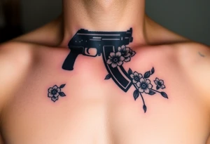 ak 47 black silhouette with floreal details tattoo idea