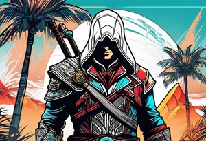 assassins creed character that is in the style of tron with palm trees tattoo idea