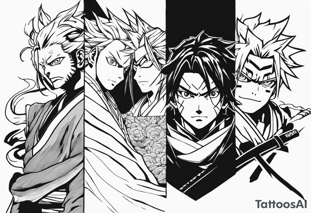 Can you create a full sleeve with Muichiro, Obanai, Rengoku and Giyuu from Demon Slayer and Choso, Gojo and Megumi from Jujutsu Kaisen tattoo idea