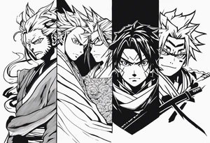 Can you create a full sleeve with Muichiro, Obanai, Rengoku and Giyuu from Demon Slayer and Choso, Gojo and Megumi from Jujutsu Kaisen tattoo idea