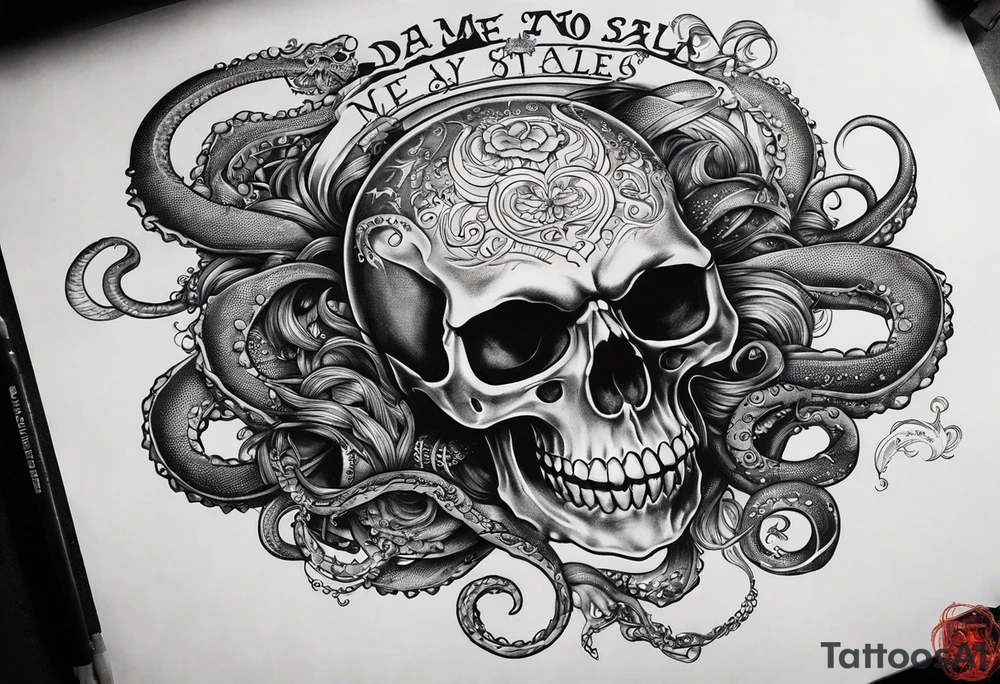 Skull with tentacles and text above and below  “Dead me say no tales” tattoo idea