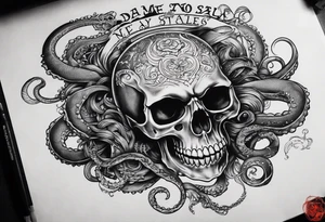Skull with tentacles and text above and below  “Dead me say no tales” tattoo idea