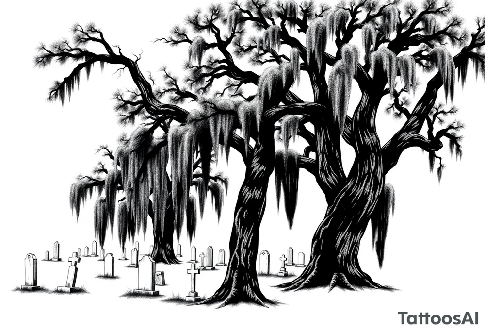 Oak trees with a lot of Spanish moss in a cemetery tattoo idea