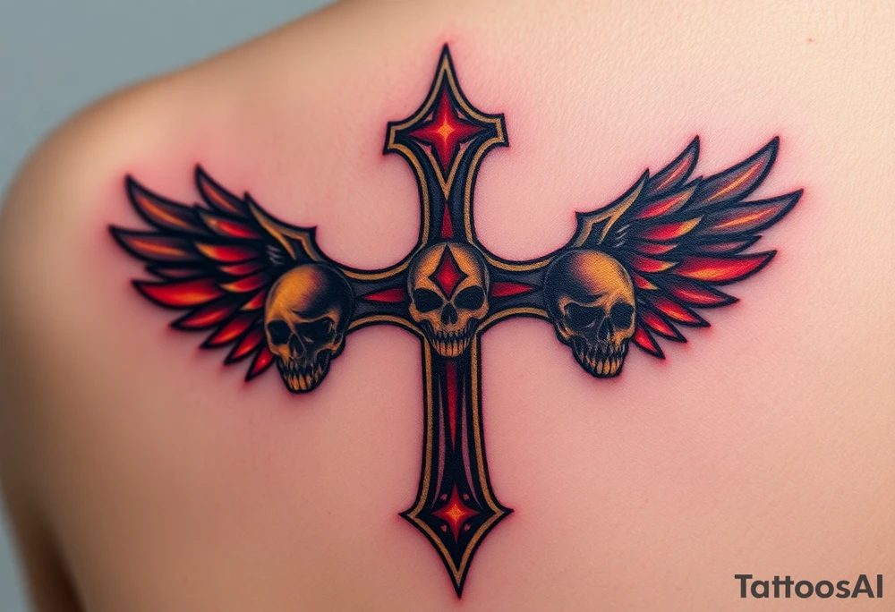 A gothic-style Metallica cross, adorned with sharp edges and dark winged skulls, glowing with fiery gold and dark blood-red shades tattoo idea