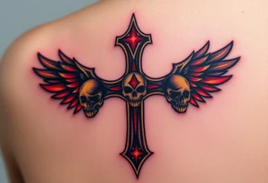 A gothic-style Metallica cross, adorned with sharp edges and dark winged skulls, glowing with fiery gold and dark blood-red shades tattoo idea