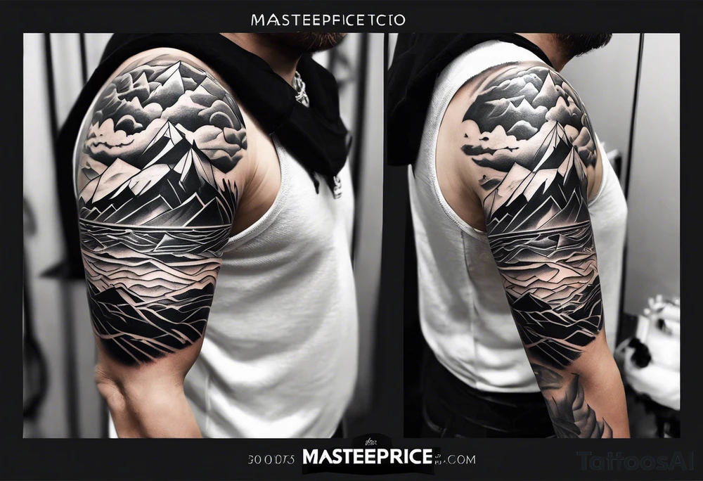 From left shoulder to forearm sleeve tattoo. Fine line geometric, concept design tattoo, ocean thunder fire nature, viking tattoo idea