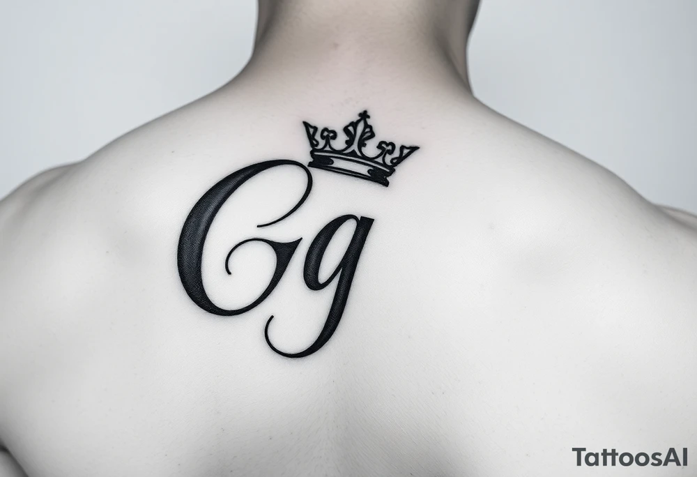 Capital G letter handwritten script with a crown tilted to the left on the front right shoulder tattoo idea