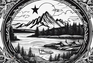 The word "HARK" as a banner with a mountain, a rock climbing carabiner, compass, and a lake and pontoon in a circular design tattoo idea