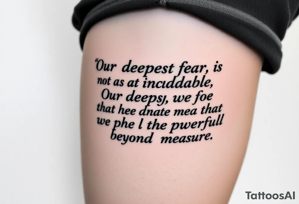 the quote is “ Our deepest fear is not that we are inadequate, Our deepest fear is that we are powerful beyond measure” intertwined with meaningful basketball jerseys or events tattoo idea