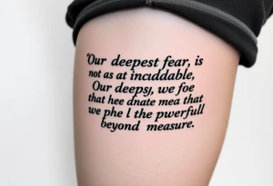 the quote is “ Our deepest fear is not that we are inadequate, Our deepest fear is that we are powerful beyond measure” intertwined with meaningful basketball jerseys or events tattoo idea