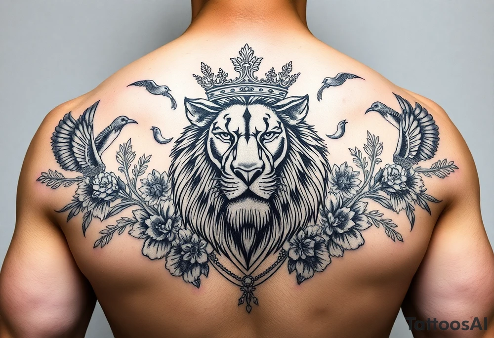 powerful majestic lion with a crown, surrounded by floral ornaments and birds tattoo idea