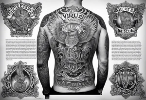 A full back piece themed on the irish name mcbride. It should have a hand holding fire. It should have the text Vincit Pericula Virtus in large writing on it tattoo idea