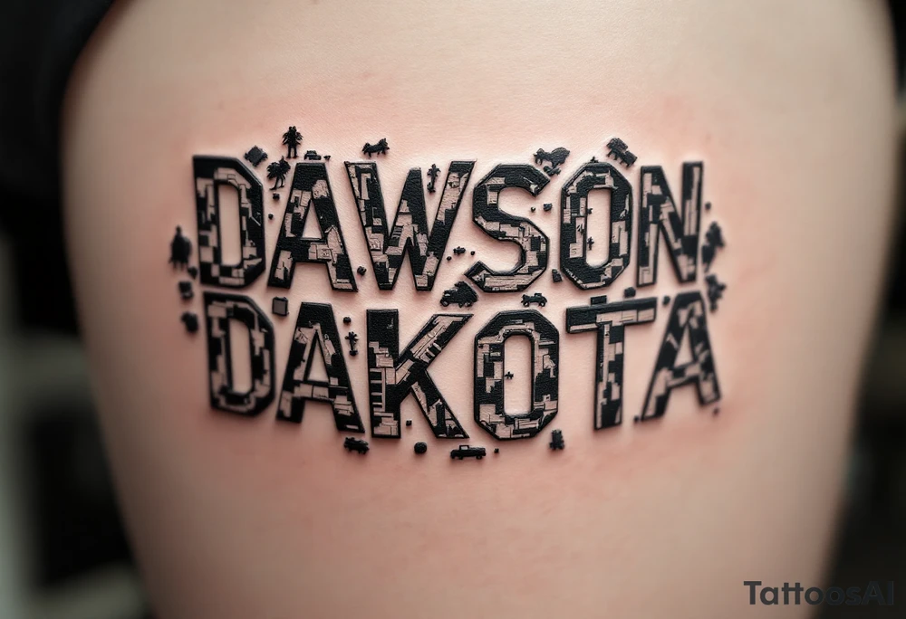 Dawson and Dakota spelled with legos and trucks and animals tattoo idea