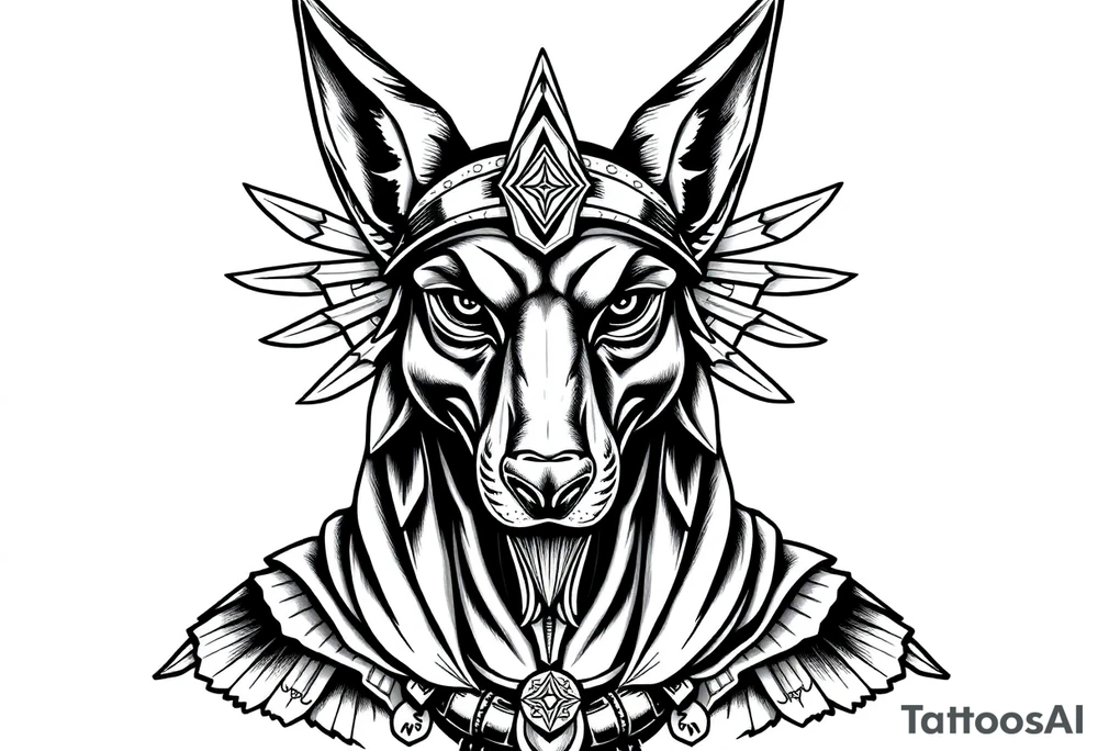 Egyptian Anubis god face muscle in Egypt style  with mantle on head with empty eyes 

dog face surrounded Egyptian symbols based on elements tattoo idea