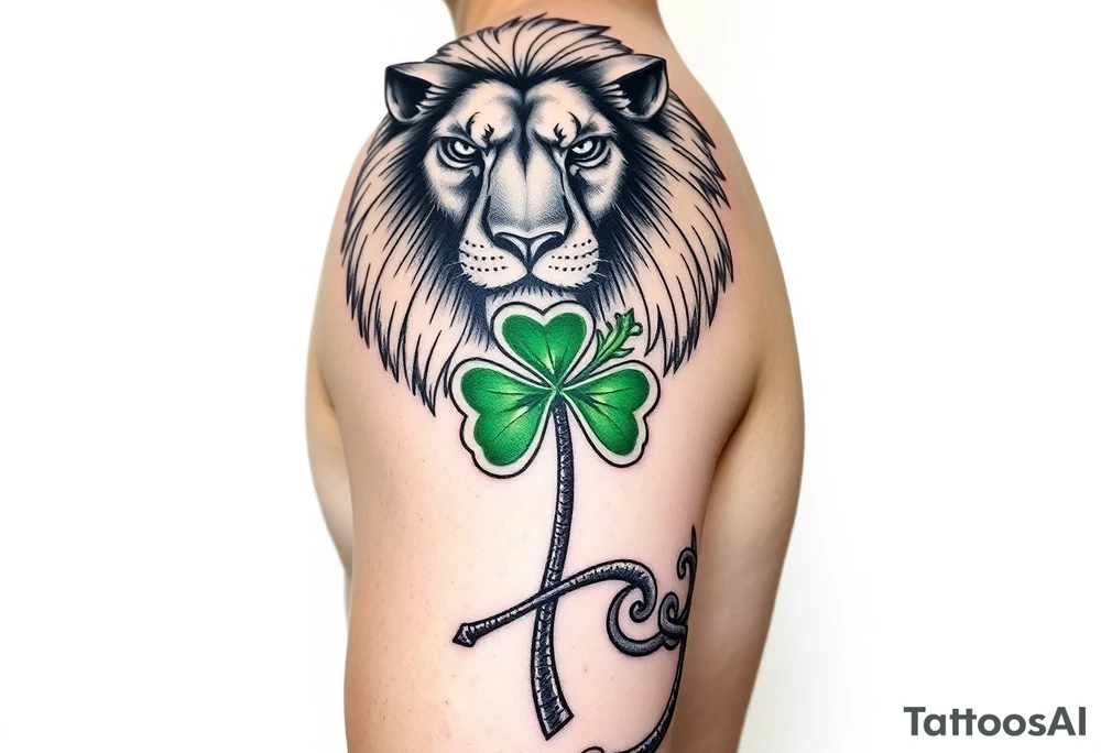 Show on a man's arm. Create a men's half-sleeve tattoo featuring a mighty, majestic face-forward lion at the top of the shoulder. Extend the bottom of the lion's mane to create open and shaded Celtic knots that travel down the arm. Add a hyper-realistic Celtic shamrock with green peridot jewel petals and an organic stem. Continue the knots to intersect with a Celtic warrior armband that wraps the arm just above the elbow. tattoo idea