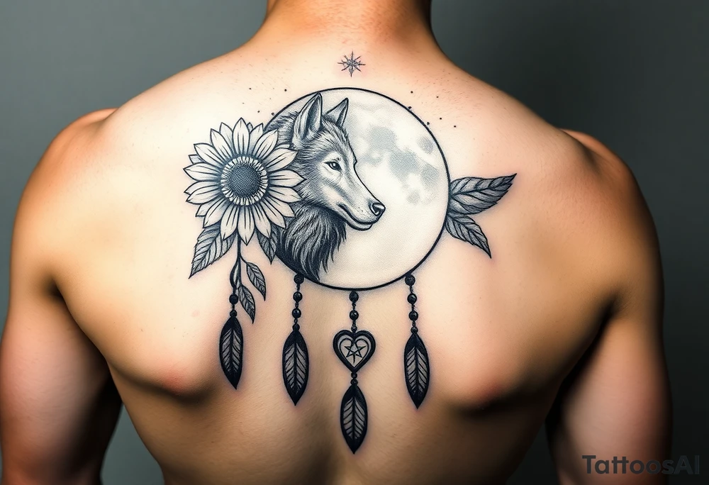 A Cresent moon dream catcher with sunflower, wolf, Harry potter, star wars, unicorn, fire heart all in one tattoo idea