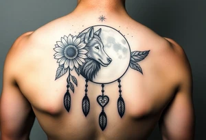 A Cresent moon dream catcher with sunflower, wolf, Harry potter, star wars, unicorn, fire heart all in one tattoo idea