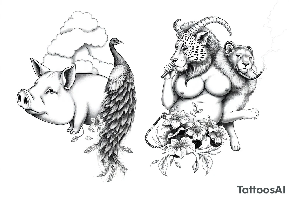 Storm clouds, pig, peacock , fat sexy naked fat woman, cupcakes, noose , money, goat, lion, couple having sex, cigerette storm lightening, killing, darkness, mirror tattoo idea