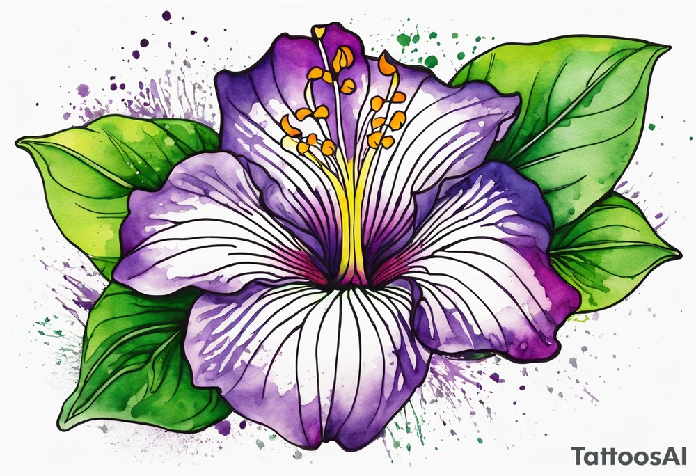 An outline of a rio dipladenia flower with green pedals and a purple watercolor splash in the background tattoo idea