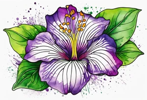 An outline of a rio dipladenia flower with green pedals and a purple watercolor splash in the background tattoo idea