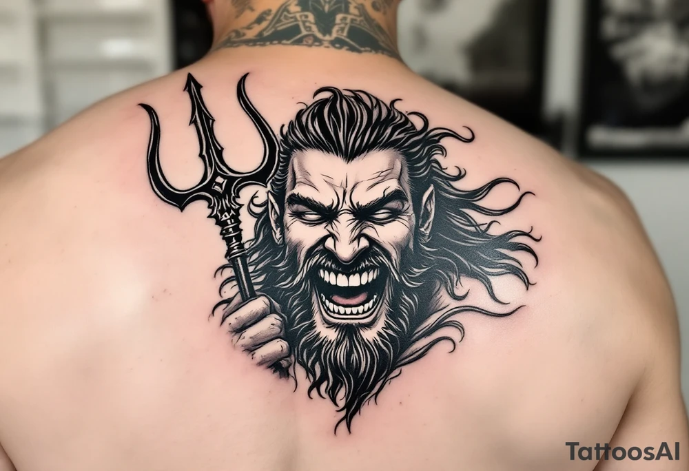 laughing poseidon, behind a trident, looking at his nose tattoo idea