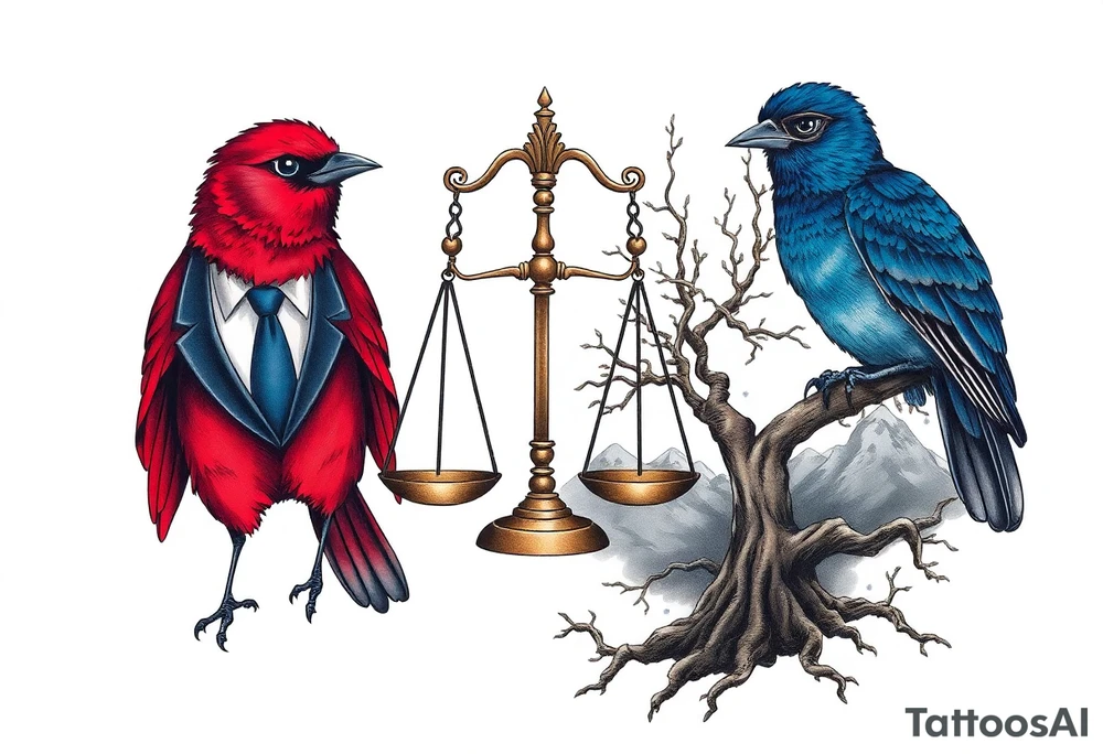 one of the birds red wearing a suit, other bird navy blue with glasses or holding a book, scales of justice built into a tree, starry night painting and mountain background tattoo idea