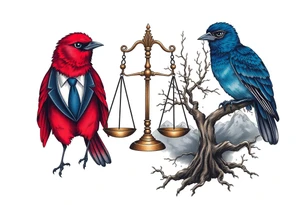 one of the birds red wearing a suit, other bird navy blue with glasses or holding a book, scales of justice built into a tree, starry night painting and mountain background tattoo idea