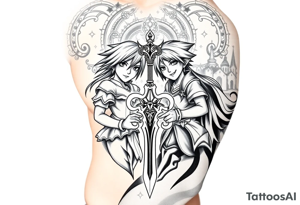 Kingdom Hearts tattoo design featuring from the game, together in a dynamic, united pose. The centerpiece should include the Heartless Keyblade, with a beautiful and ethereal Kingdom Hearts-inspired background—think glowing stars, floating islands, and stained-glass elements in backroung. The design should capture themes of friendship, light vs. darkness, and adventure. Style should be detailed, fantasy-oriented, and suitable for a large piece tattoo idea
