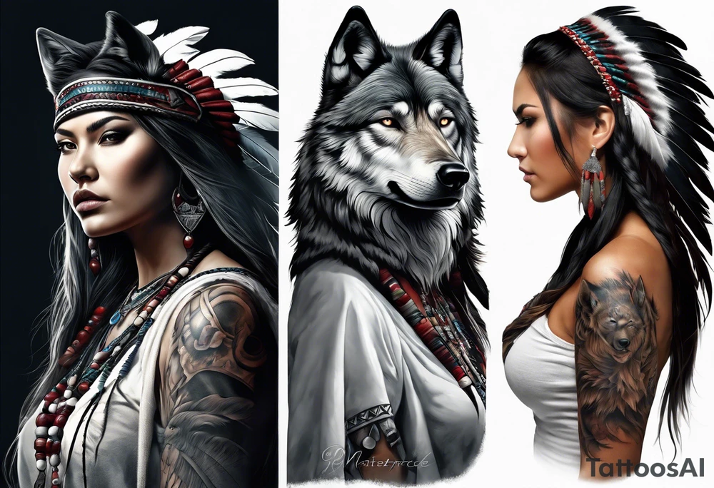 dark photo realistic woman, full body, native american, wolf, bear, ghostly, blood tattoo idea